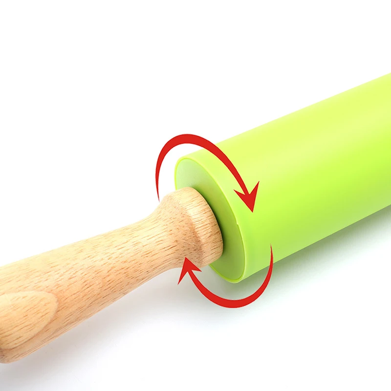 Non-Stick Silicone Rolling Pin with Wooden Handles for Baking, Pastry Dough Roller, Fondant, Pizza, etc.  23cm