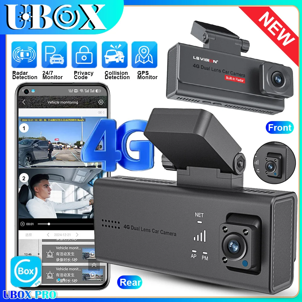 UBOX PRO New 4G LTE Dash Cam GPS 4K Dual Lens Front and Rear Inside Dash Camera for Cars Radar Detection 24/7 Parking Monitoring