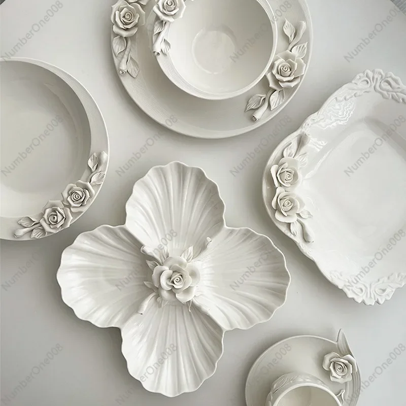 European-style Relief Hand-sculpted Flower Bowl Plate Cup Tableware Set