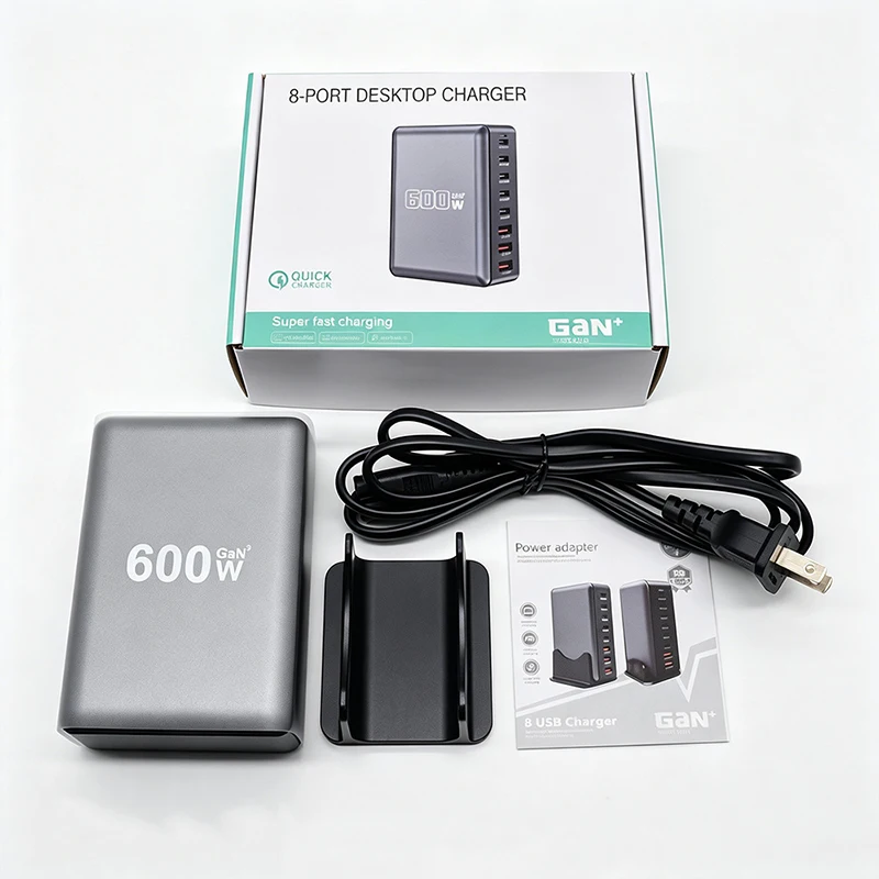 600W GaN PD Charger with 8 Ports, Multi-Functional USB Fast Charging Adapter Station, 140W Max Output for Phone Laptop Tablet