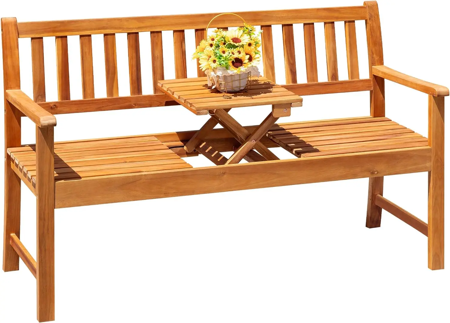 Outdoor Bench, 2-Person Garden Bench, Patio Wood Bench Outdoor Loveseat with Pull-Out Center Table for Backyard, Balcony