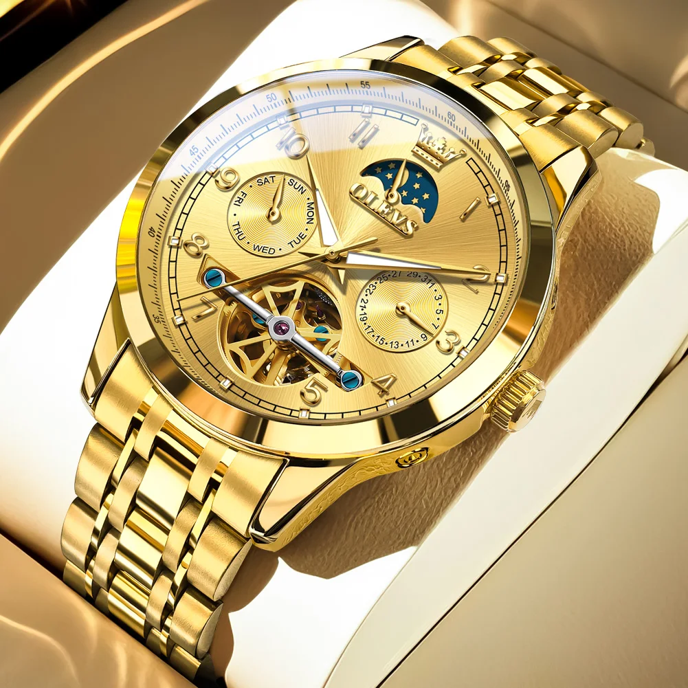 

OLEVS Роскошные автоматические часы с турбийоном для мужчин, классические водонепроницаемые механические часы из нержавеющей стали, золотые, оригинальные наручные часы с датой