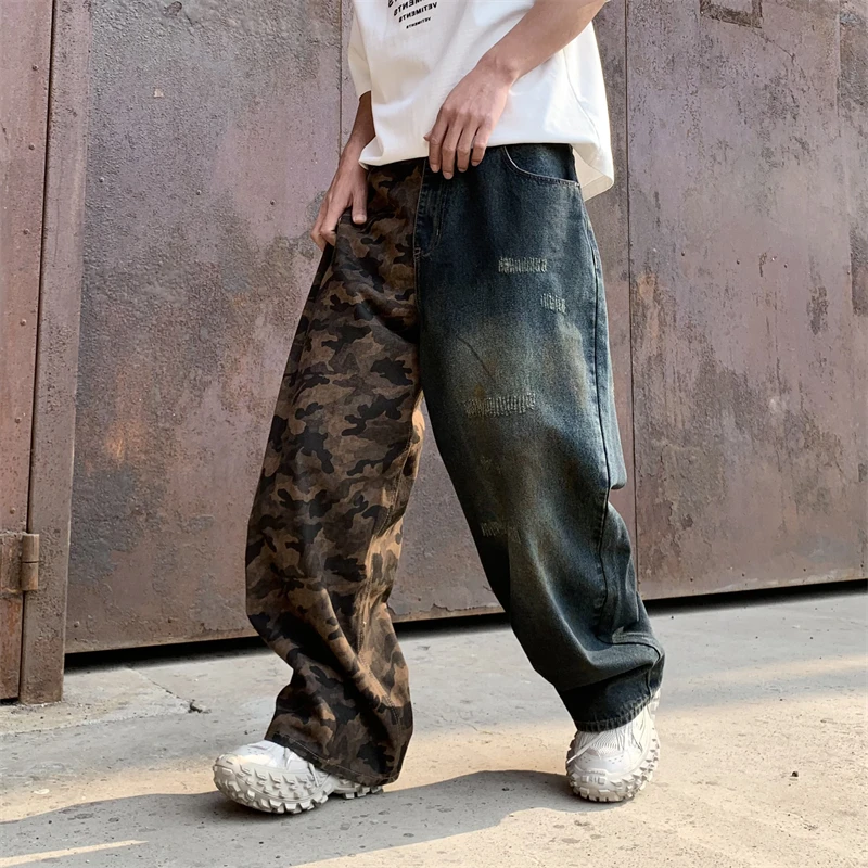 

Vintage Fashion Oversized Baggy Camouflage Denim Splicing Jeans Mens Loose Streetwear Wide-leg Trousers Washed Brand Denim Pants