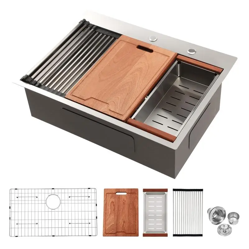 30インチ ドロップイン キッチンシンク - 30インチ トップマウント シングルボウル 16ゲージ ステンレススチール ワークステーションシンク