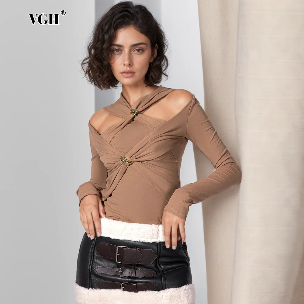 VGH eleganti magliette incrociate per le donne scollo a V manica lunga scava fuori Twist dimagrante Soild temperamento T Shirt moda femminile