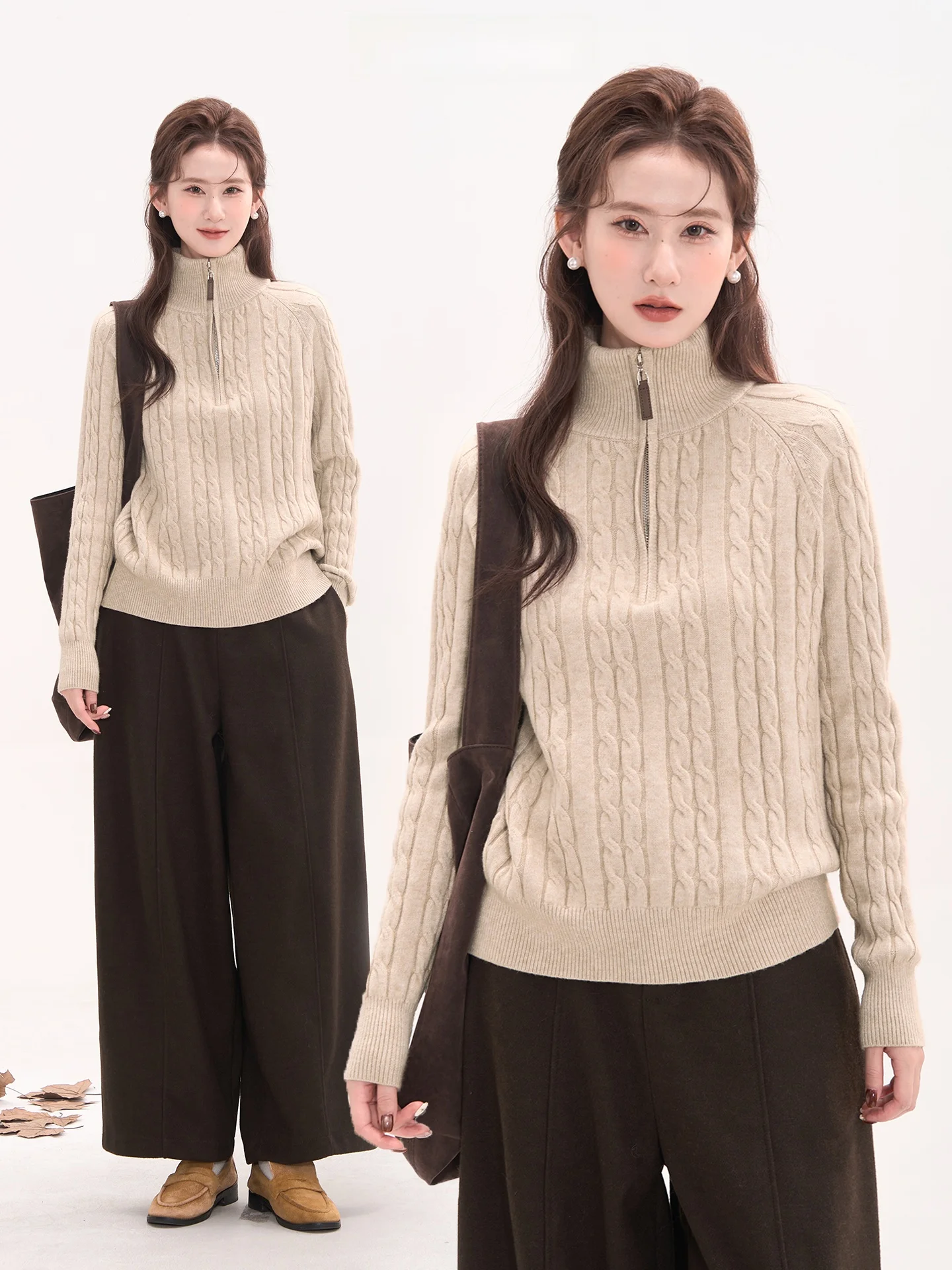 

Женский утепленный свитер с высоким воротником, длинными рукавами, молнией и узором косы, цвет карамель, из смесового полиэстера, для осени и зимы, повседневный стиль