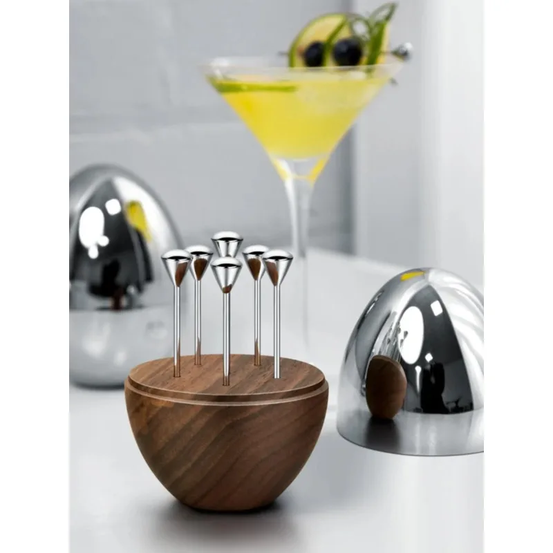

Nordic Luxury Stainless Steel Toothpick Holder with Walnut Base 6Pcs Cocktail Picks Fruit Forks for Home Decor Party Bar