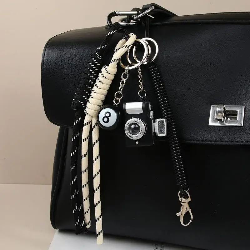 Cute Bag Pendant Keychain With Mini Camera 8 Ball Pendant Braided Strap For Handbags Backpacks Keys Decor
