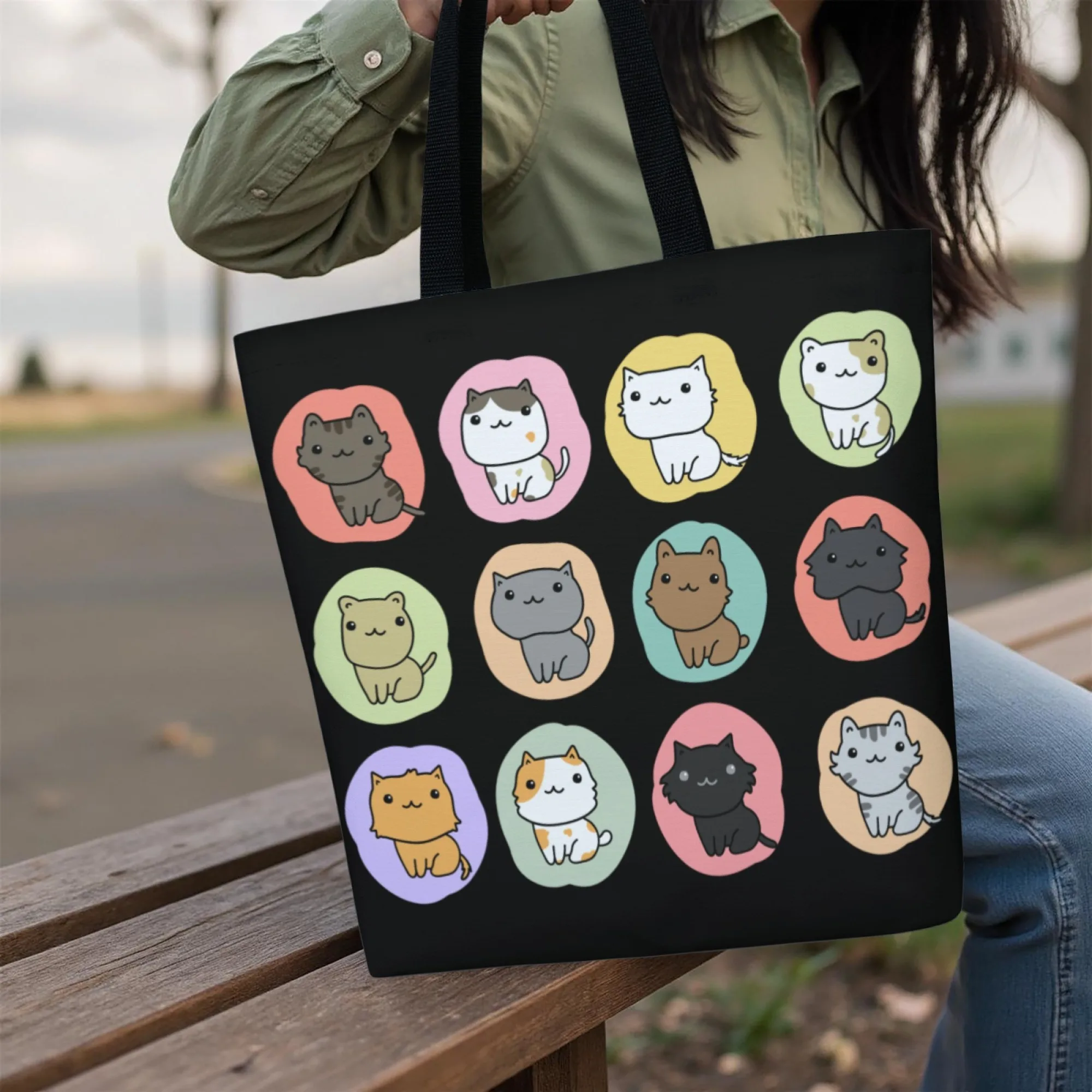 Bolsa tote de lona de gato kawaii coreano, estampa de gato preto para mulheres, bolsa reutilizável de moda, perfeita para viagens diárias estéticas fofas