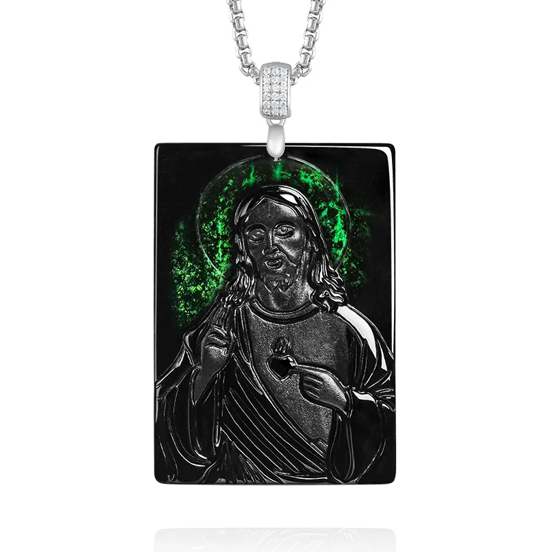 Authentic Natural A-Grade Ink Jade Priest Pendant S925 Sterling Silver Inlaid Unisex Jadeite Jewelry For Men Women Drop Shipping