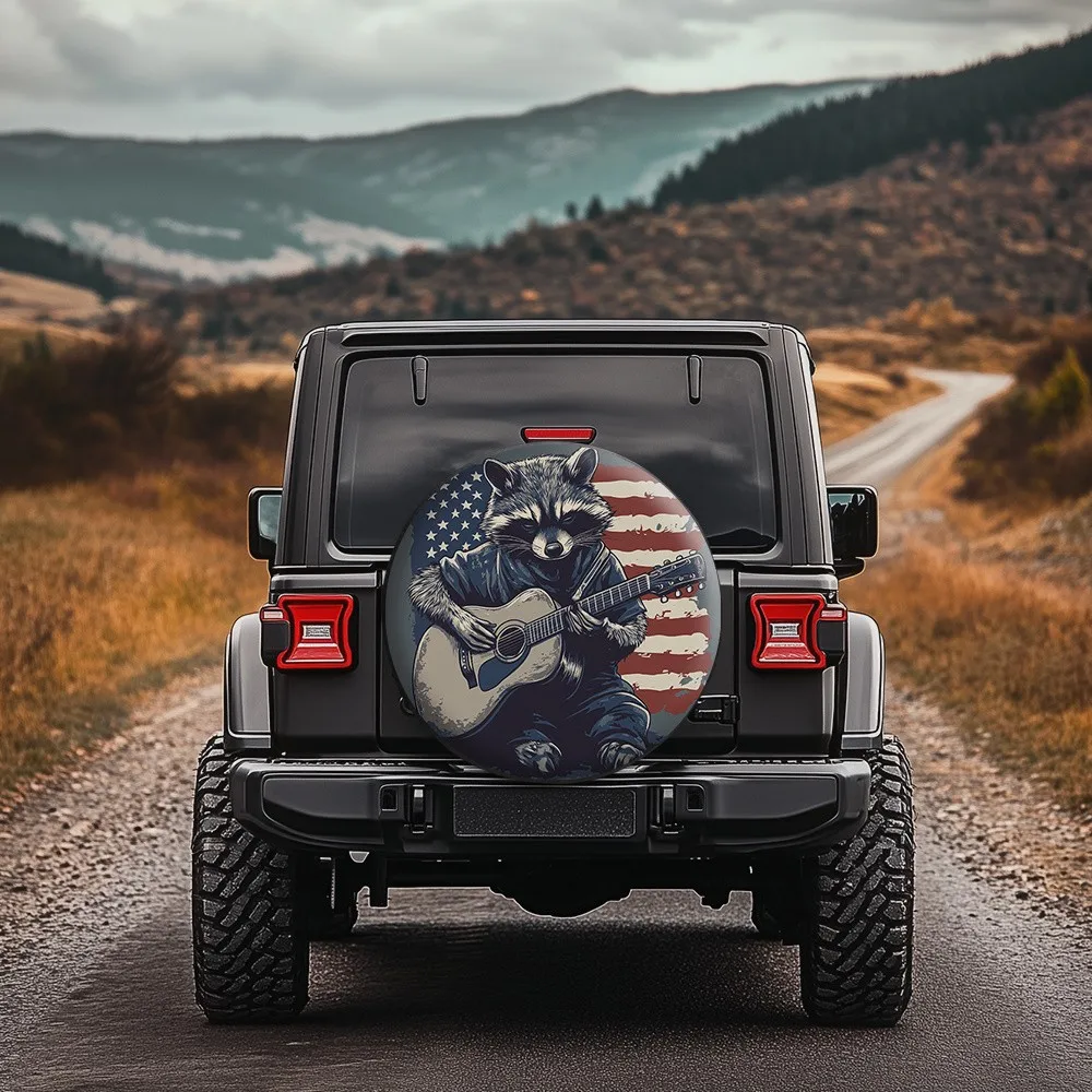 Raccoon Playing Guitar Tire Cover American Flag Graphic Spare Wheel Protector for Jeep SUV