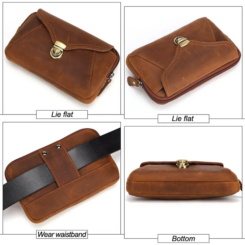 Vintage design Men\'s Waist Pack Crazy Horse Leather Hook Fanny Waist Belt Pouch Male Cigarette Case Phone Pouch Bum Bag