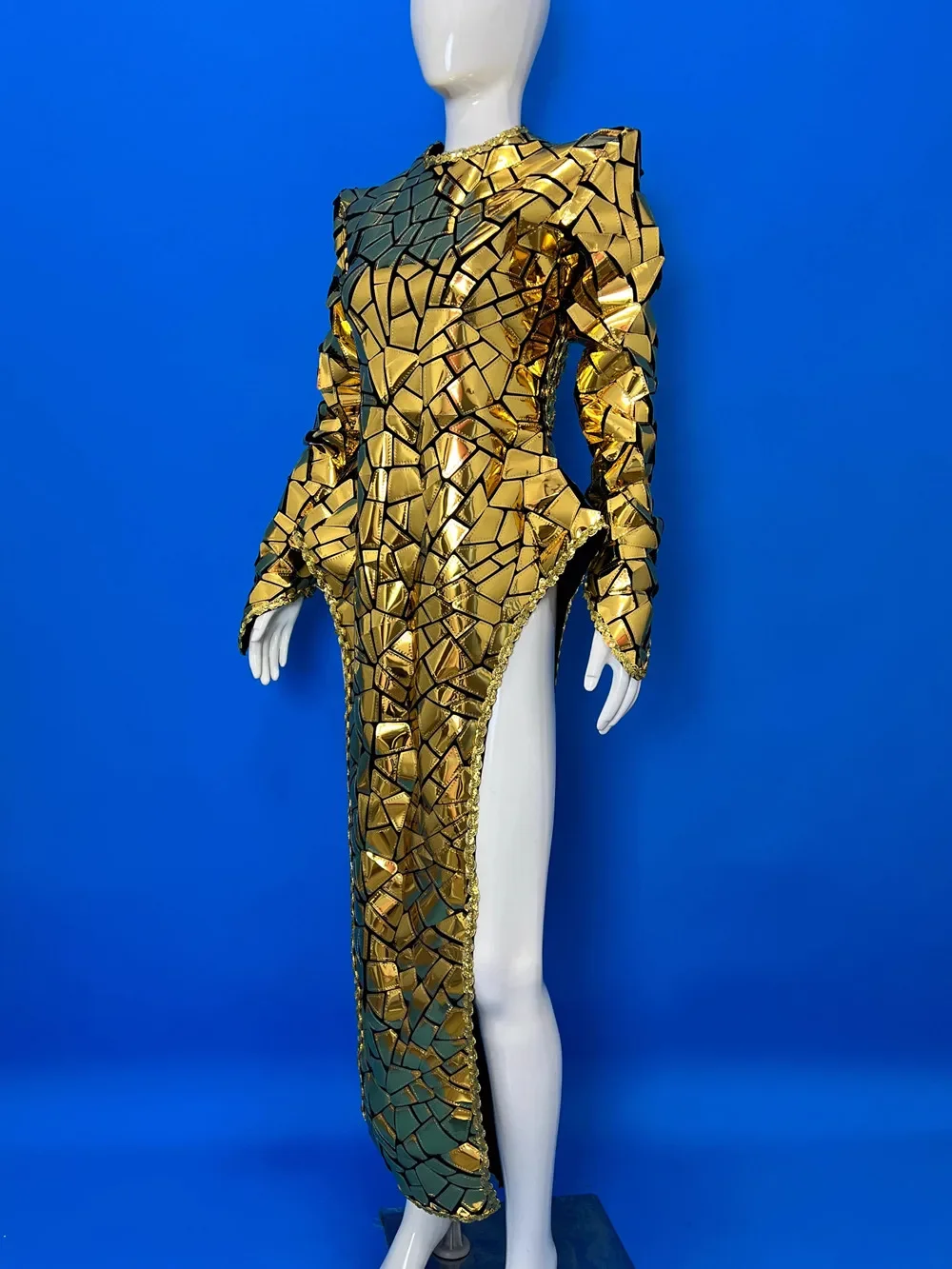 الذهب والفضة الليزر الترتر مثير المرحلة سبليت فستان طويل ملهى ليلي بار أداء ملابس رقص مرحلة حفلة سحب الملكة زي