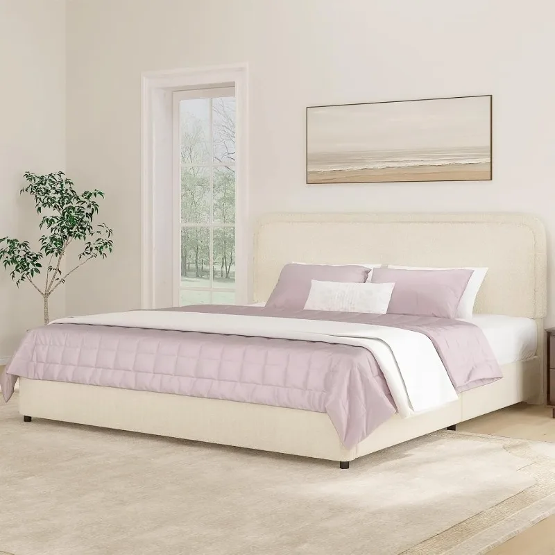 King Bed Frame and Headboard Boucle Upholstered Platform Bed Frame Soft Rounded Corners No Box Spring Required Cream