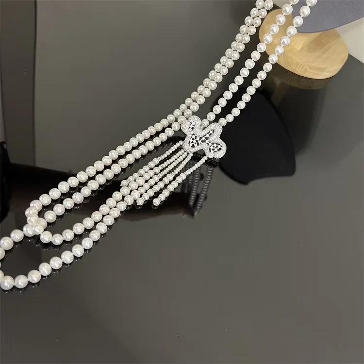 30''-33'' 2 Strands White Pearl CZ Connector Long Necklace