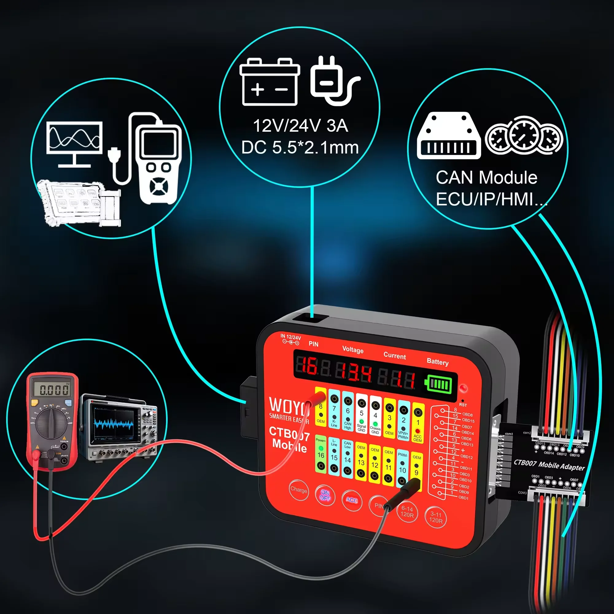 Newest ECU Testing Tool With 2pcs Built-in 120 ohm Resistor, Provide ACC Power, WOYO CTB007 Mobile Support Rechargerable Battery
