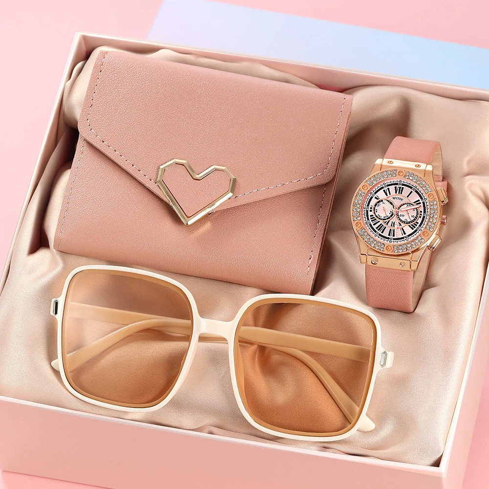 Conjunto de 3 piezas de cuero para mujer, relojes de pulsera informales de cuarzo con lazo en forma de corazón, BILLETERA, gafas de sol, reloj