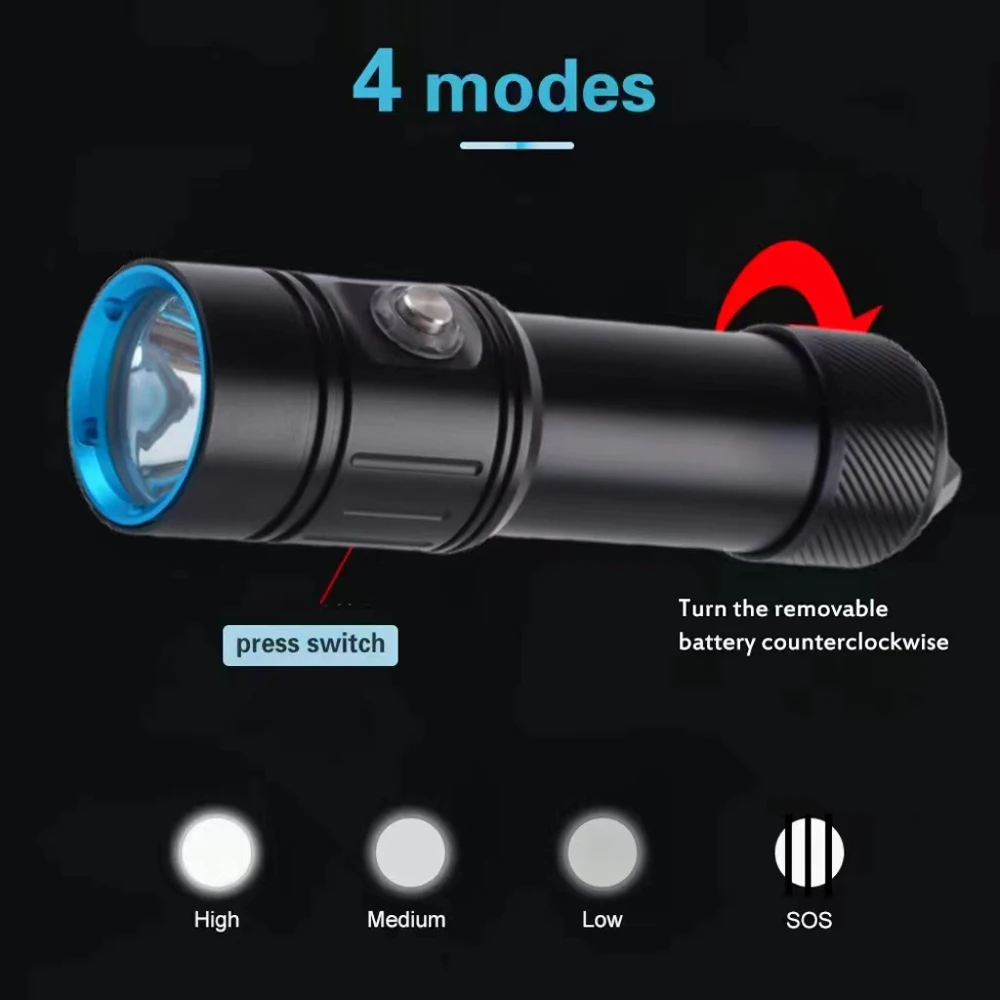 Professional Underwater Diving Flashlights 2000 Lumens 4 Modes Diving Flashlight Underwater IPX8100M Waterproof Video Fill Light