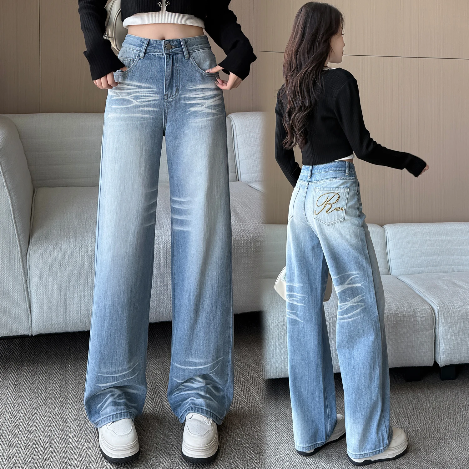 

Темно-синие джинсовые широкие брюки для беременных с высокой талией и вышивкой для женщин, осень/зима 2022, повседневные брюки больших размеров, джинсы