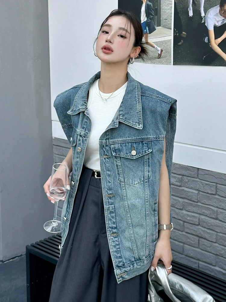 

Blue Denim Vest Women's Loose Fit Stand Collar Jaet Outerwear Spring 2026 Faion Slimming Trendy Cotton Blend Vest
