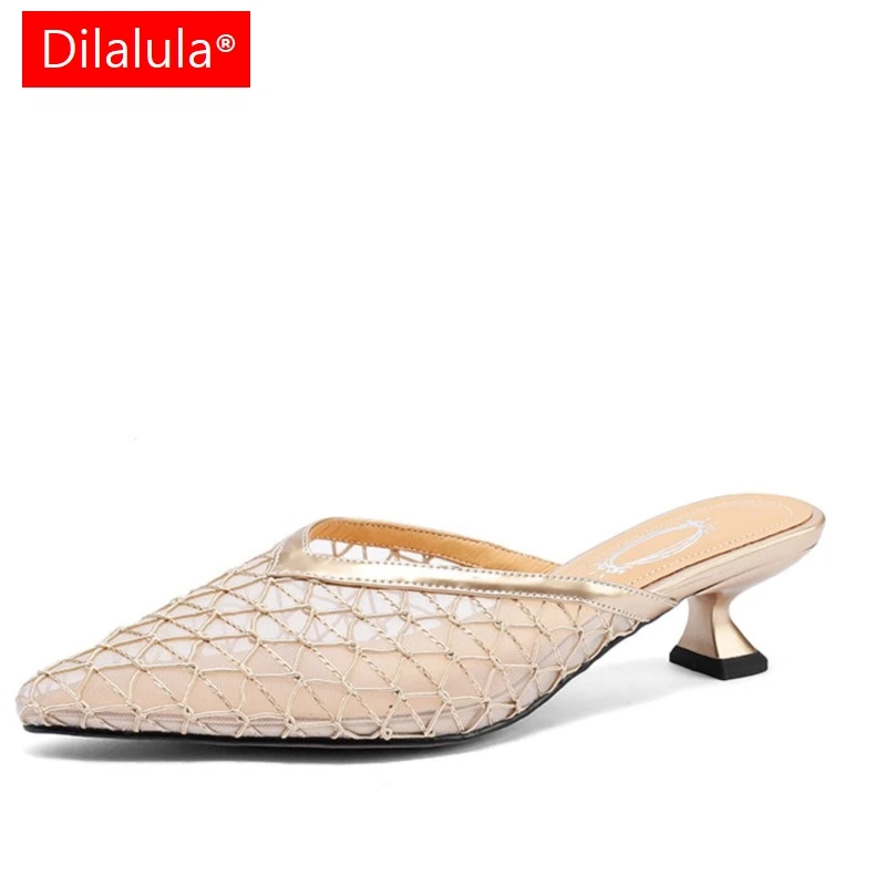 

Dilalula 2025, сексуальные сетчатые тапочки, женские закрытые шлепанцы с острым носком на среднем тонком высоком каблуке, женские туфли-лодочки для вечеринок и свиданий, женские кожаные тапочки
