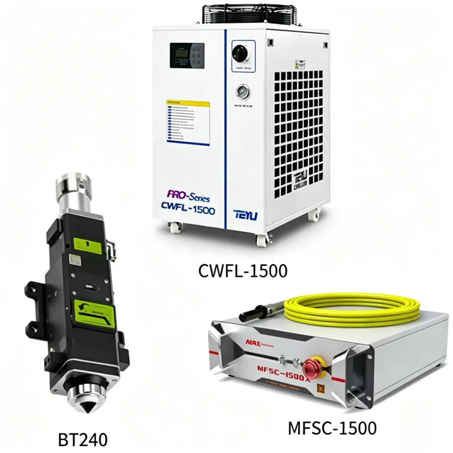 1500 watt fiber laser source MFSC-1500/MFSC-2000/MFSC-3000X Raytools BT240 laser cutting head water cooler CWFL-1500