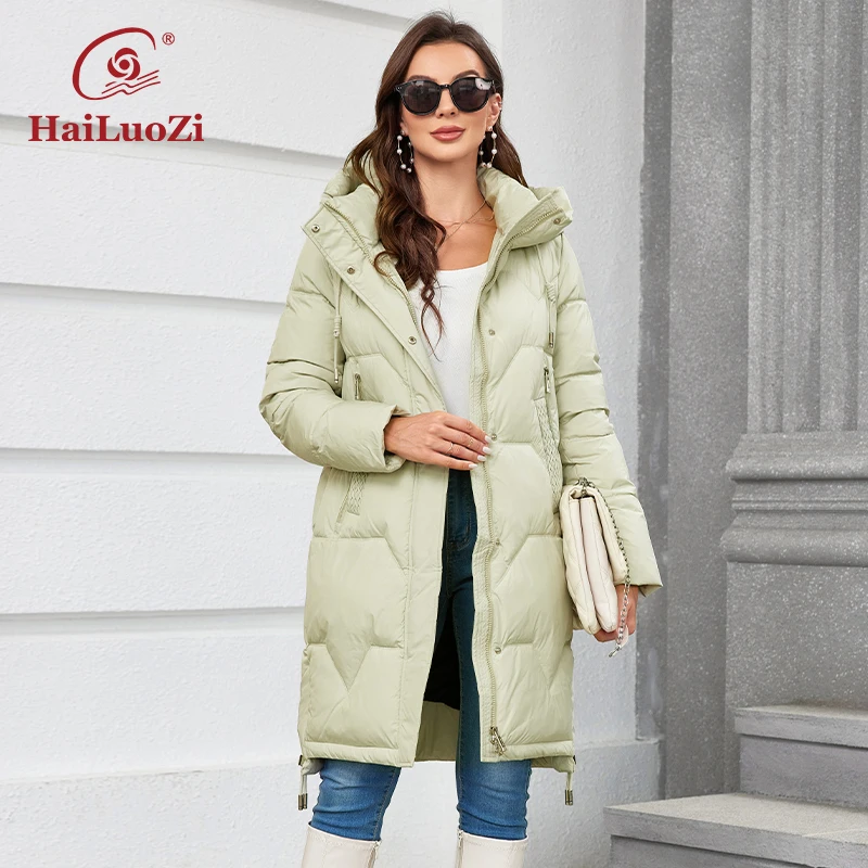 HaiLuoZi 2023 New Women Winter Jacket Mid-Long Warm Female Parkas Hooded Side Pockets Classic Solid Color Women's Coat 1179