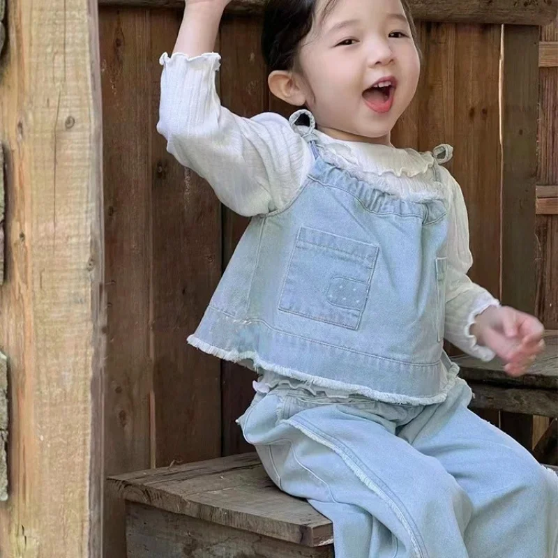 

Kxkm-South Korea Children's Clothing Girls' Denim Suit2024Spring Baby Girl Western Style Fashion Loose Sling Top Wide Leg Pants