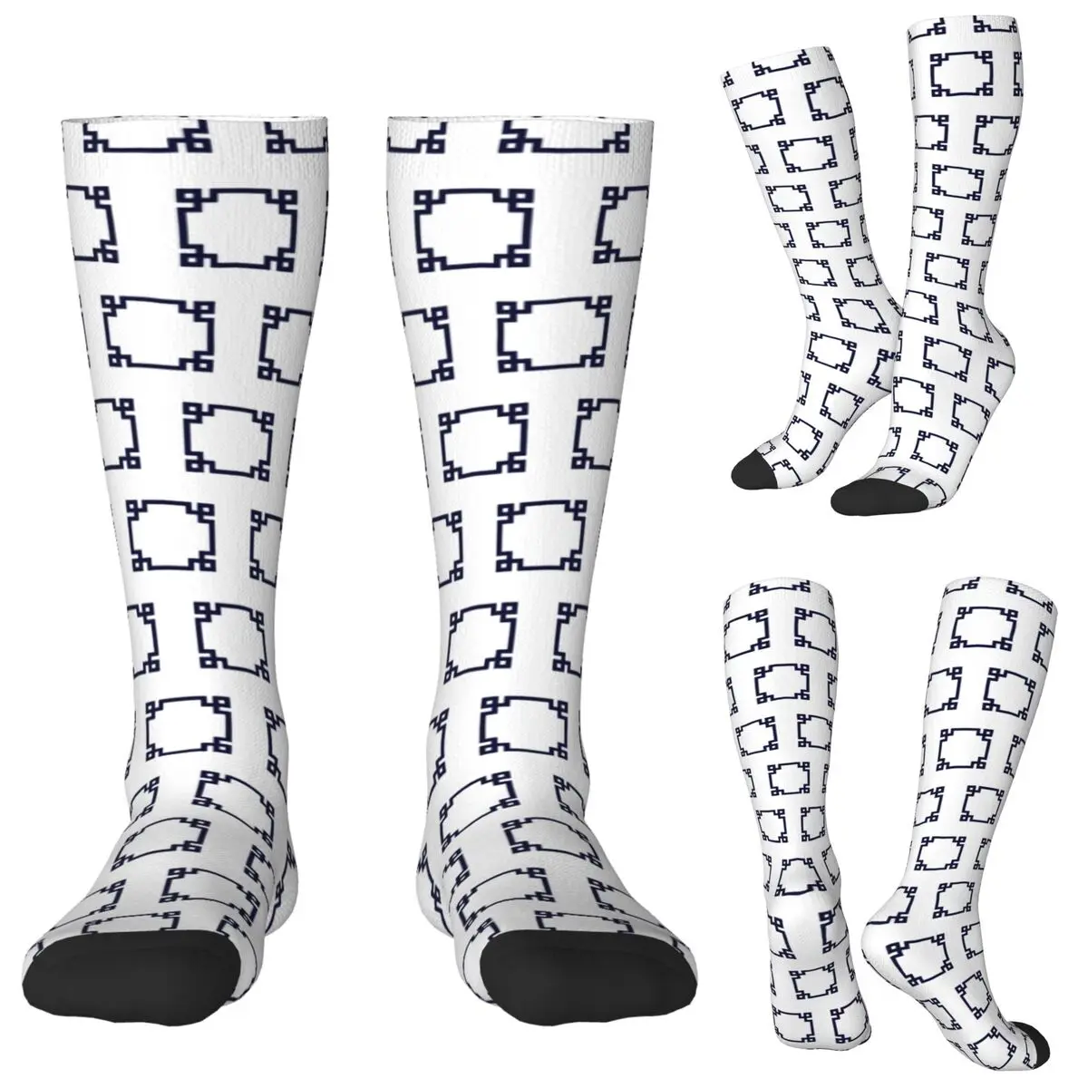 

Темно-синие греческие ключевые квадратные белые носки, чулки в стиле Харадзюку, всесезонные длинные носки, аксессуары для унисекс, рождественские подарки