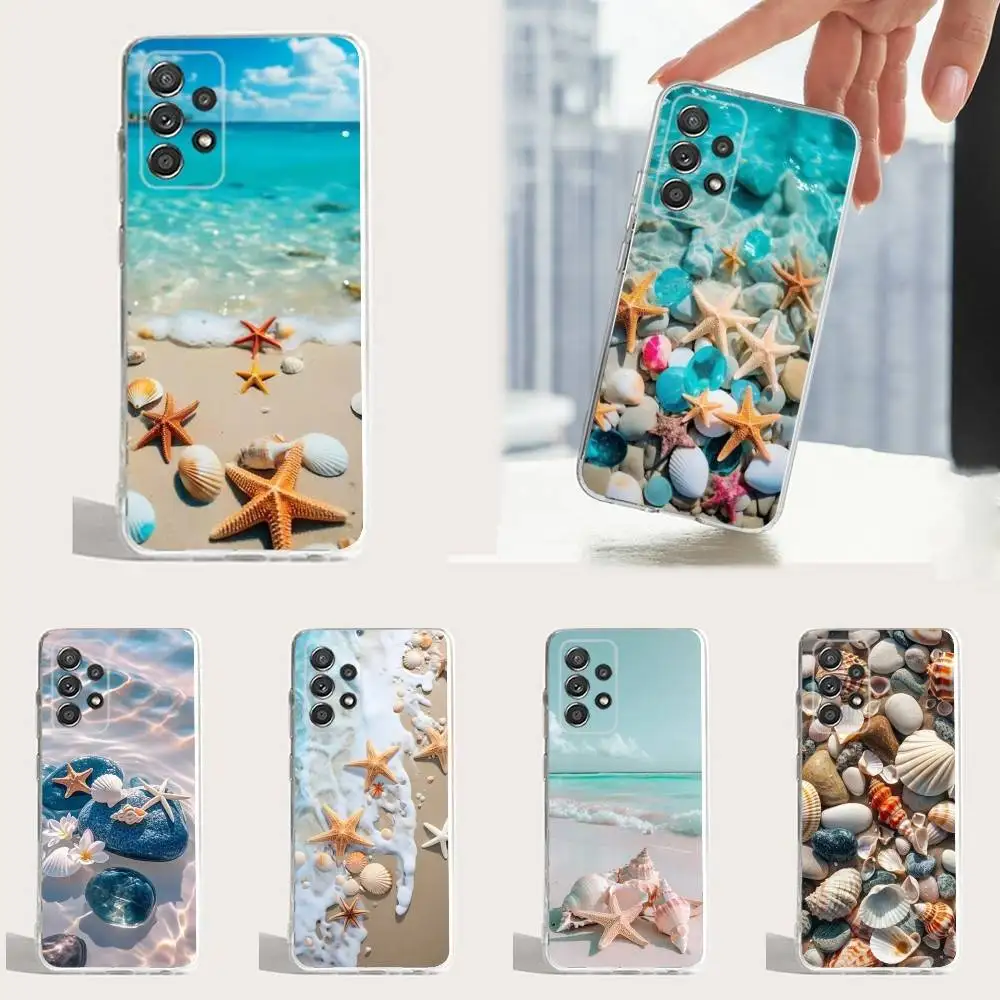 

Starfish Beach Shells Phone Case For Samsung A30,71,51,S9,10,20,Ultra,FE,Lite,S25,24,22,23,21,PIus,Transparent, Silicone