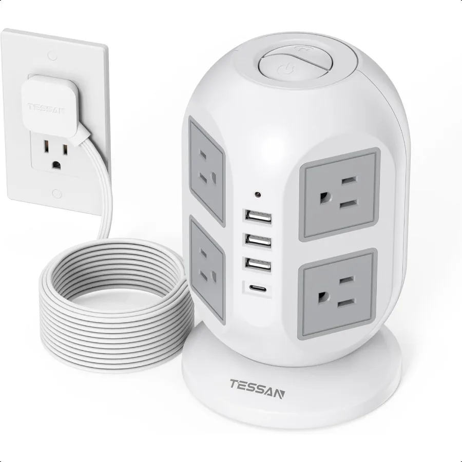 

Tower Surge Protector Power Strip 10 ft TAN Long Flat Extension Cord with Multiple Outlets 8 AC Outlets with 4 USB Ports 1 USB