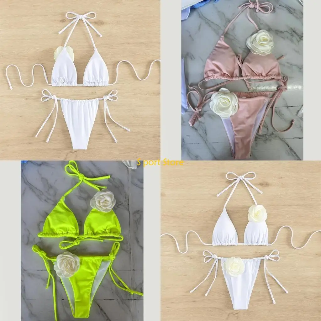 

U2JB Women Two Pieces Swimsuits Summer Solid Color Swimwear Flower Bathing Suit