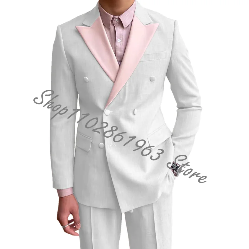 Pink Peak Lapel Linen Men Suits Double Breasted 2 Pieces Male Suits Blazer Pants Casual Wedding Groom Tuxedos Trajes De Hombre