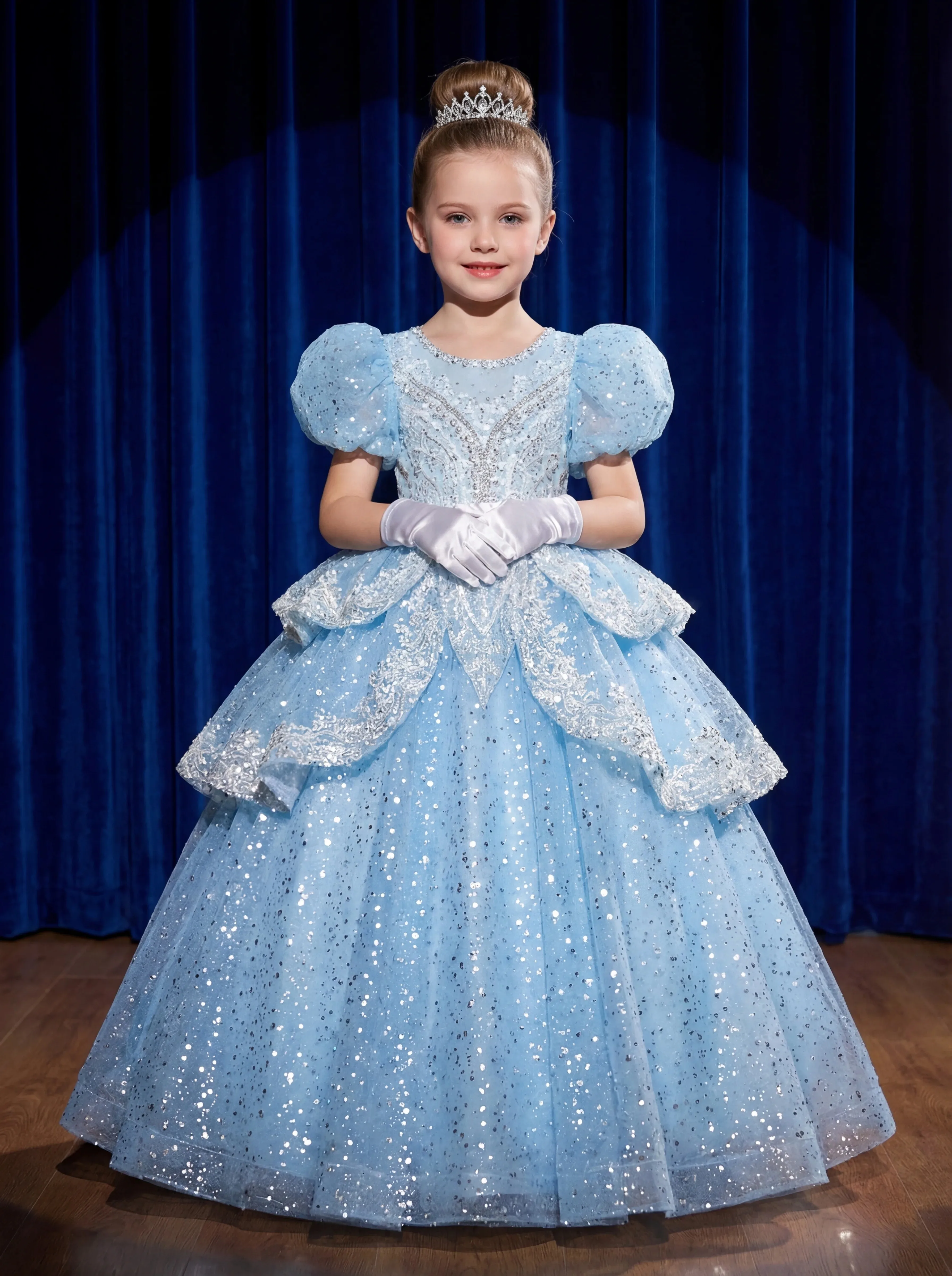 Customized Mesh Flower Girl Dress Multi-layered Tulle Puff Sleeves Pearl Trim Heavy Embroidery Princess Dress Girl Pageant Dress