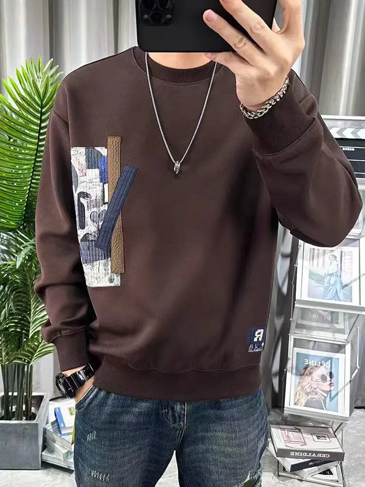 

Trendy Patch Print Round Neck Loose Casual Men Pullover