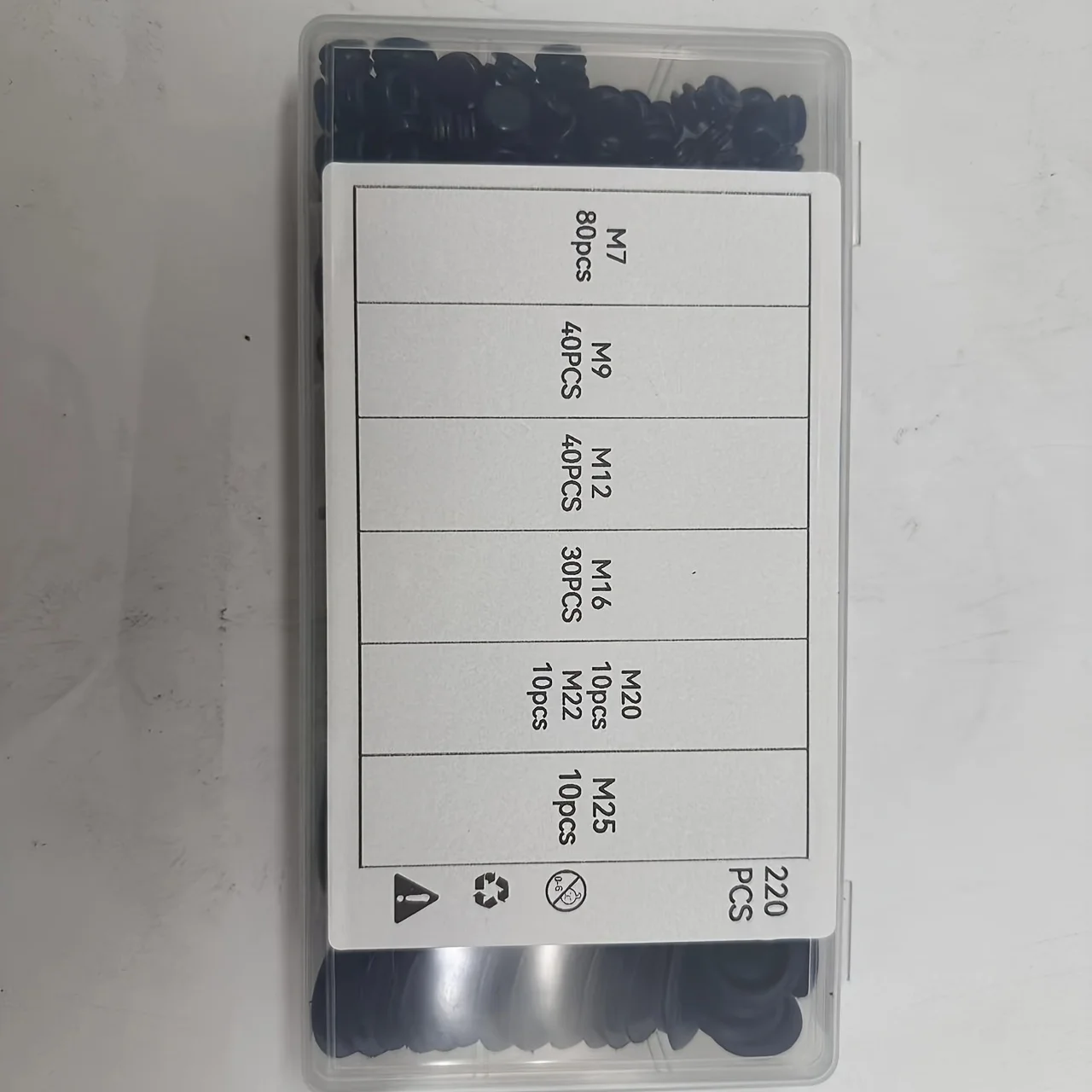 220-teiliges Set aus hohlen Gummi-Ösen für Brandschutzwand-Öffnungen, Gummi-Ösen-Set M7, 9, 12, 16, 20, 22, 25 – Detail 7