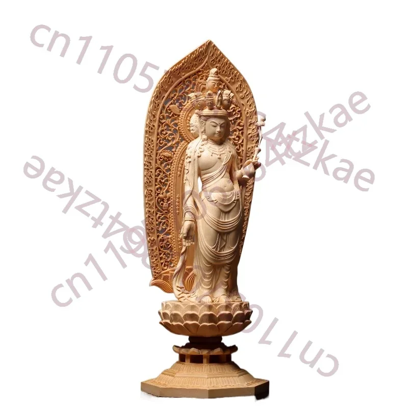 Hand-Carved Hinoki Wood Guan Yin Statue - 16.9