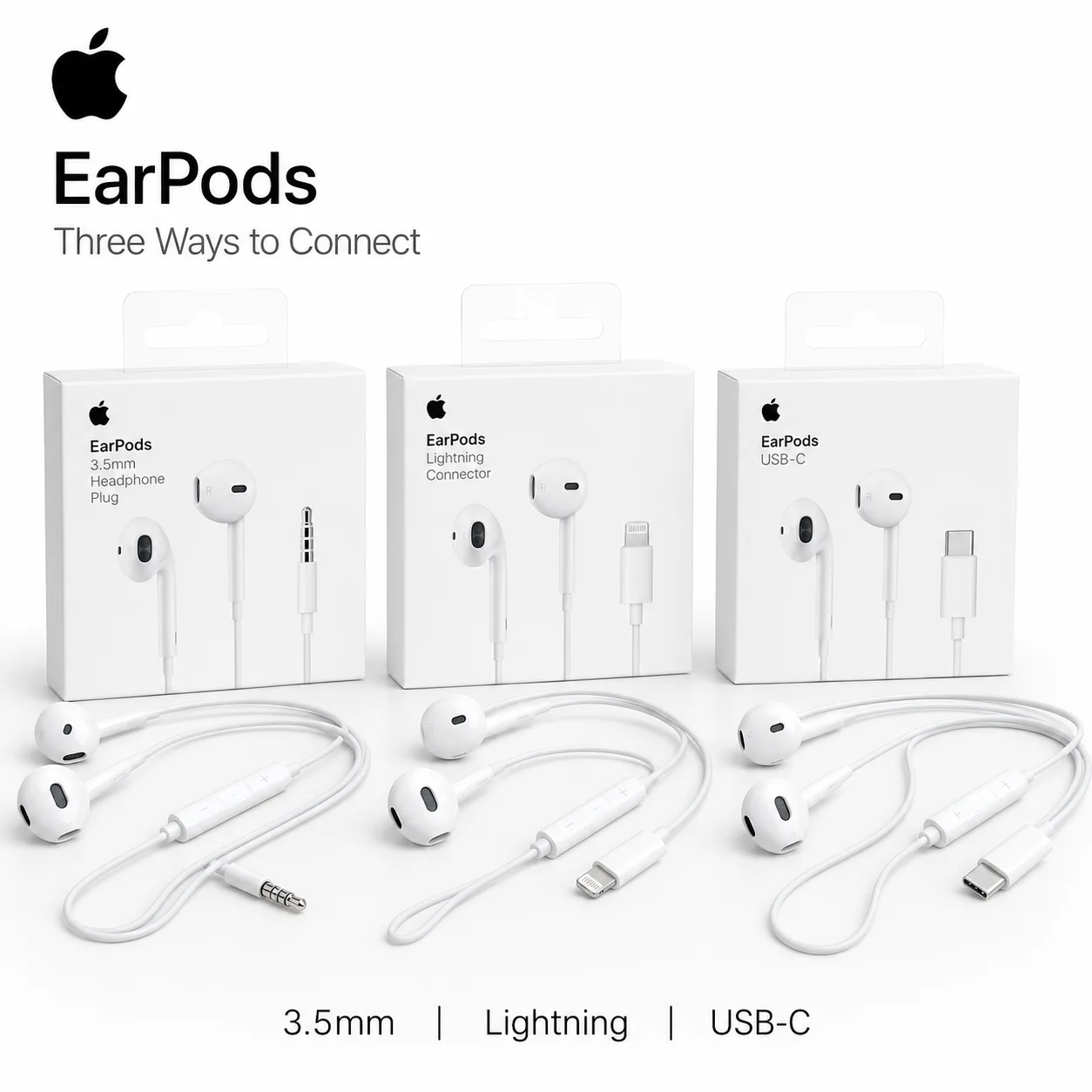 Fones de Ouvido com Fio Oficiais Apple EarPods Conector Lightning USB-C de 3,5mm com Microfone e Controle de Volume para iPhone iPad Mac