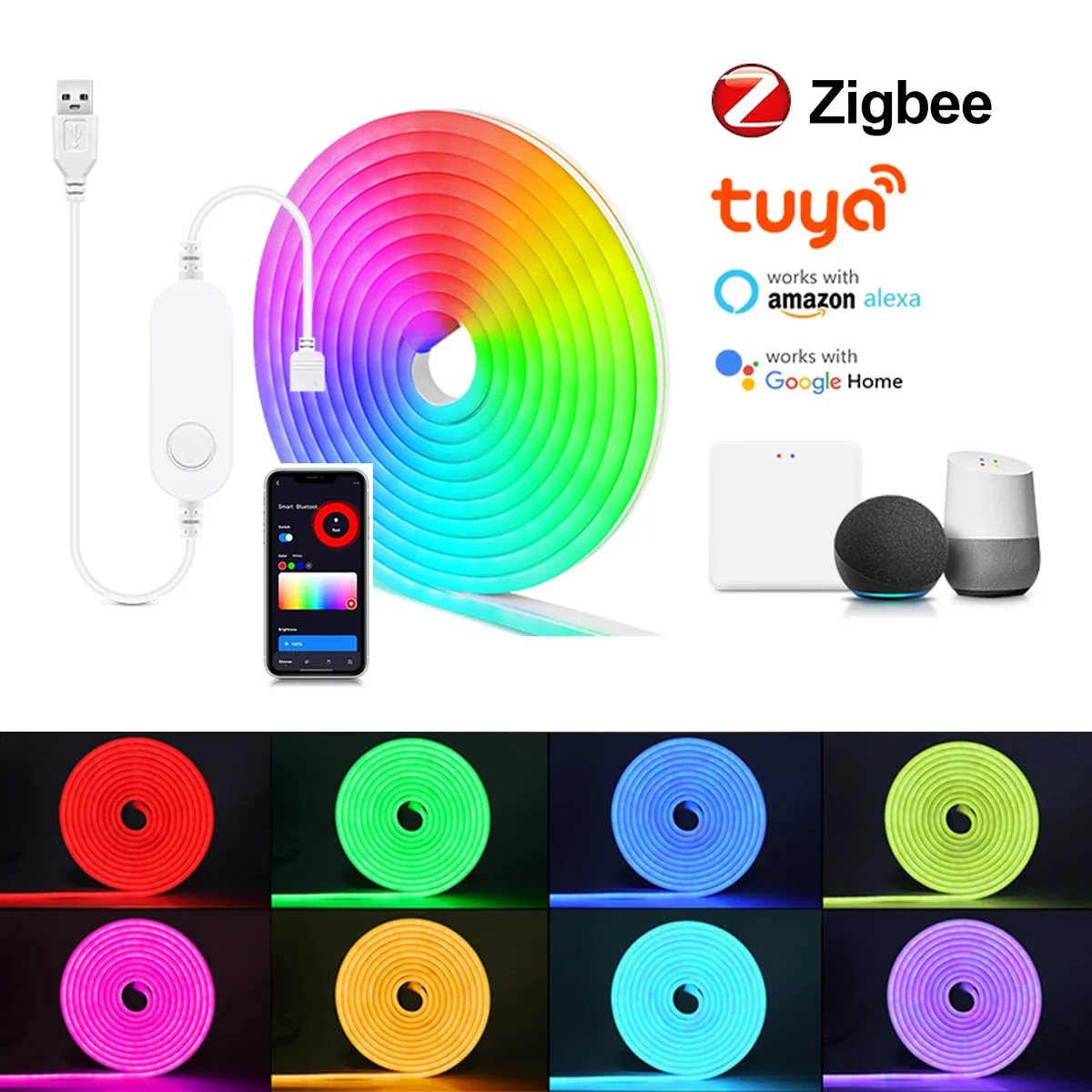 

NEW Zigbee 3.0 Smart Fantasy Color Dimmable RGB Neon Strip Light 5V USB Powered 120LEDs/M Work With Zigbee Gateway Hub Alexa APP