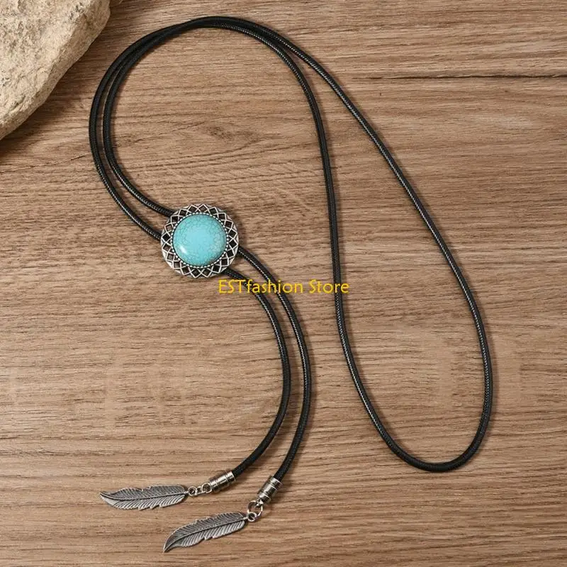 y5gc-ウエスタン-カウボーイ-ヴィンテージ-ボロタイ-レザー-ロープ-ターコイズ-フェザー-ペンダント-ネクタイ