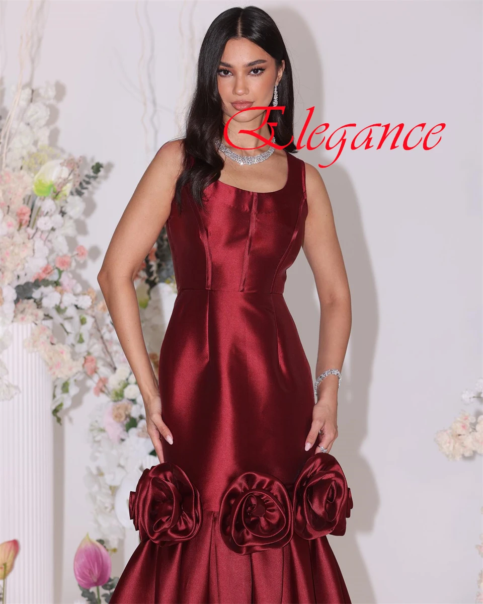 

Customized Classic Burgundy Satin Evening Dress Modern Square Collar Cap Sleeve Lace Up Back Flowers Mermaid Homecoming Dress