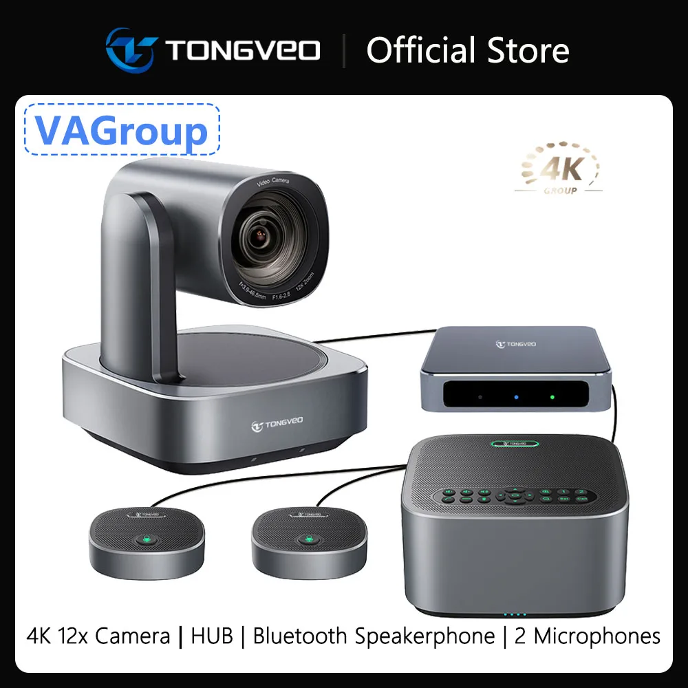 Tongveo VA612GroupEX All in One Video Conference Group 4K 12X Zoom Camera with Bluetooth Speakerphone hub for Large Conferencing