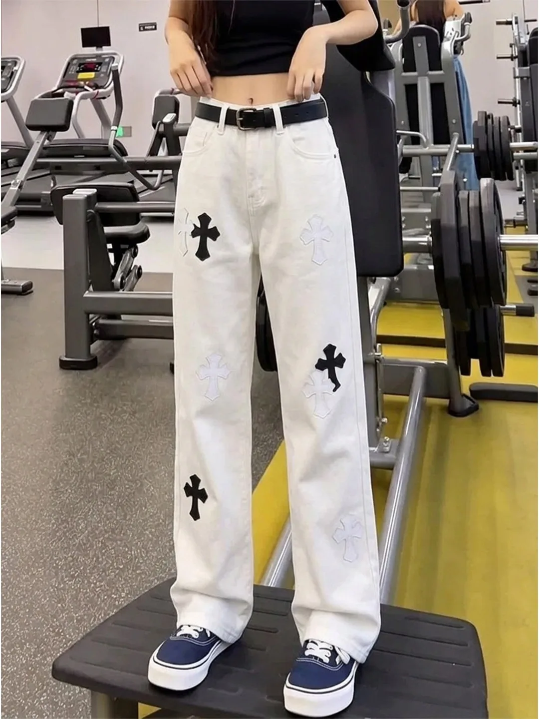American High Street Cross Stitched Leather Patch Men's Jeans Thin Bell Bottoms Slimming High Risen Casual Loose Straight Fit