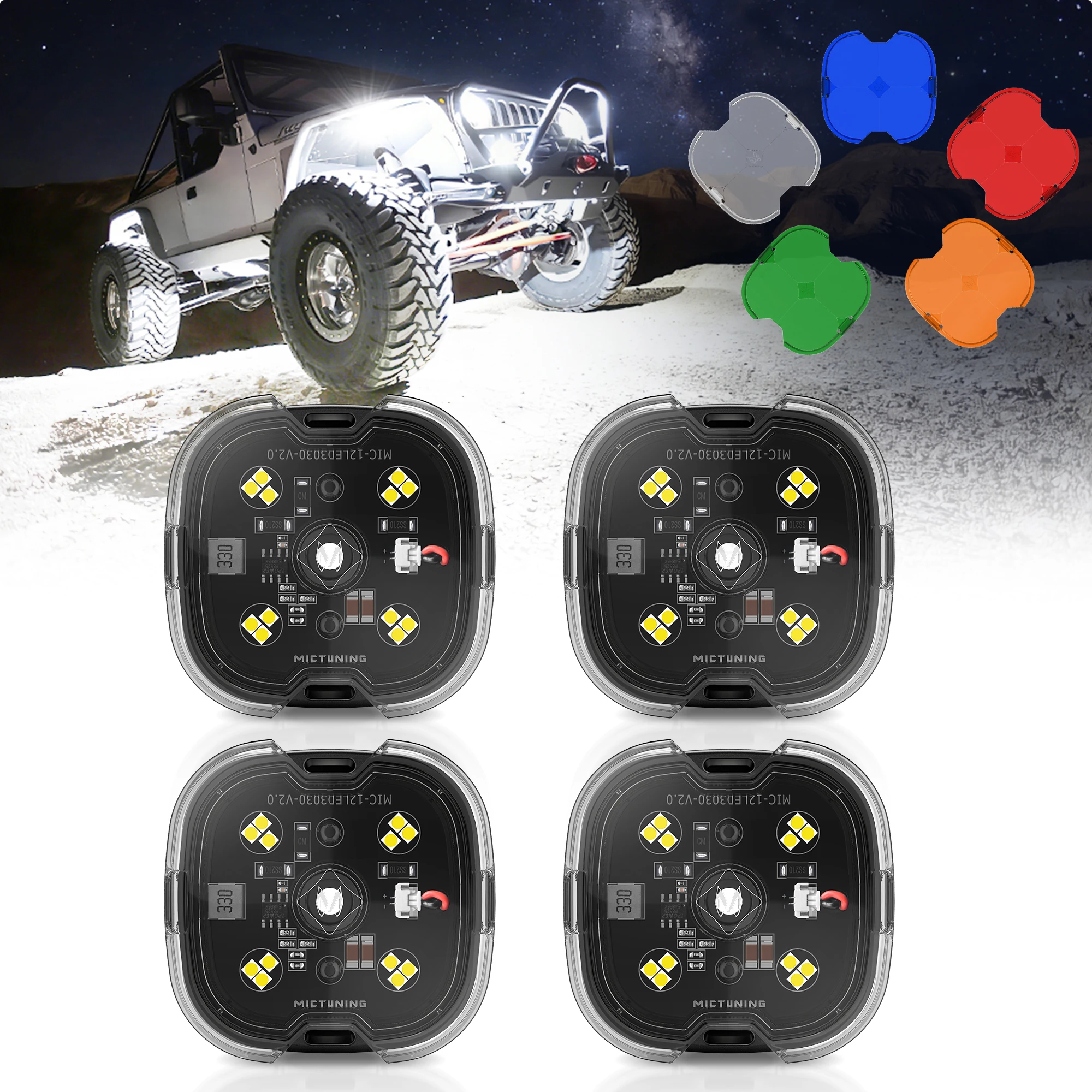 

Светодиодные фонари MICTUNING 4 Pod C6 Rock Lights, 1000 лм, многофункциональный внедорожный комплект LED-освещения, сменные линзы с точечным/рассеянным светом и цветными линзами