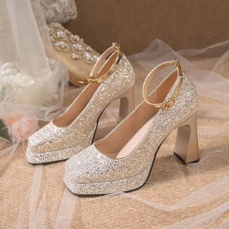 FHC 2024 Spring Wedding Shoes,Crystal High Heels,Women Pumps,Square Toe,Ankle Buckle Strap,Shining Champagne,Silver,Dropship