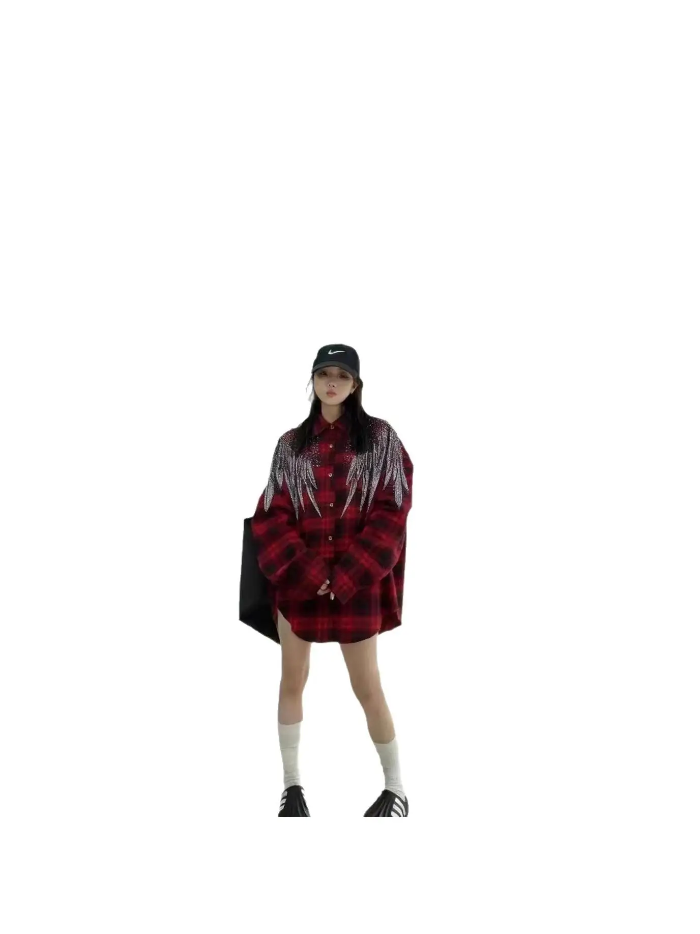 Spring 2026 Women's Heavy Duty Glitter Front And Back Loose Fit Midi Shirt Trendy Plaid Pattern Turn down Collar Long Sleeve