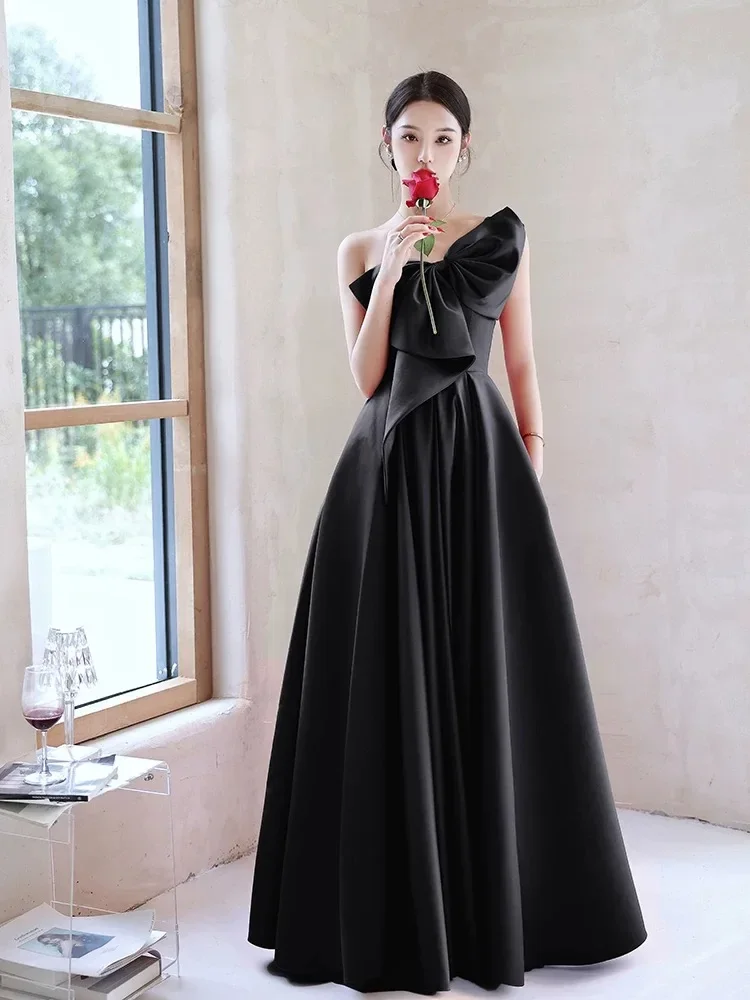 Black No. 65 evening dress new 2024 hot summer satin dress female texture high-end company annual meeting dress skirt