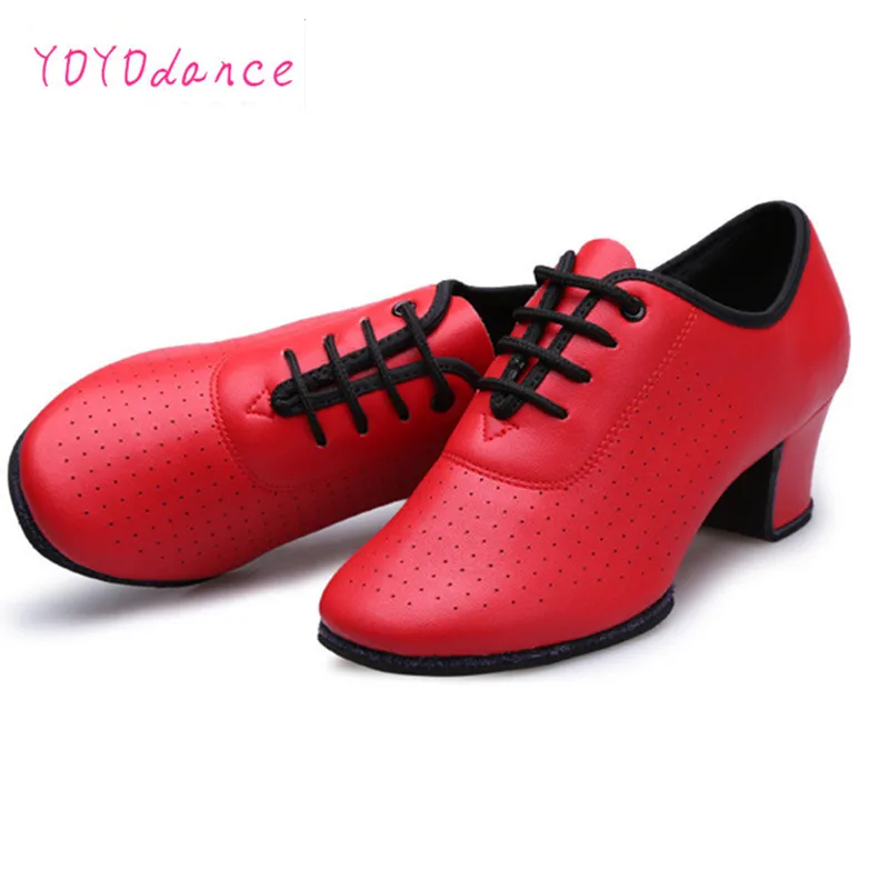 Zapatos de baile de salón para mujer, calzado para profesores de charol de 5cm, tacón medio, para chicas, Tango, latino, rojo y negro