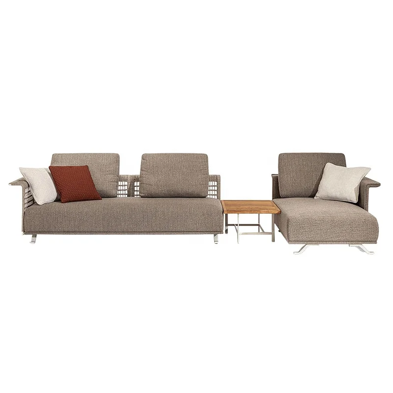 #Modular Outdoor Sectional Sofa Set Aluminum Frame Rope Weaving Gray & Orange Cushions Weather Resistant Patio Furniture Garden