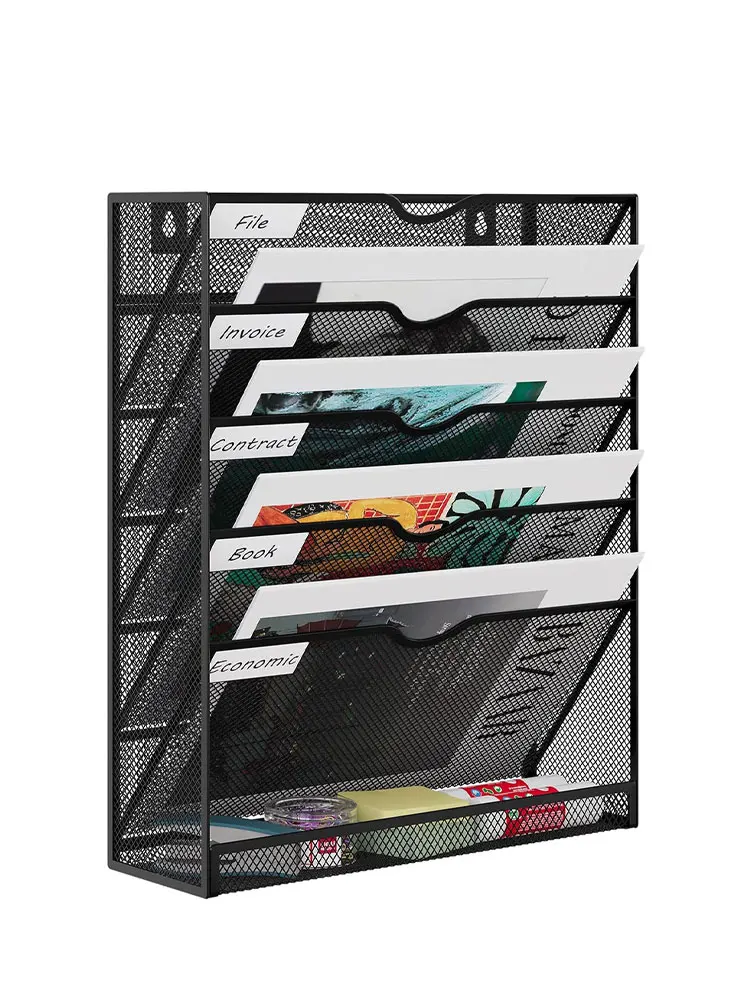 6-Tier Metal Mesh File Organizer, Wall-Mounted/Desktop Document Holder with Angled Slots & Bottom Tray for Office Home School
